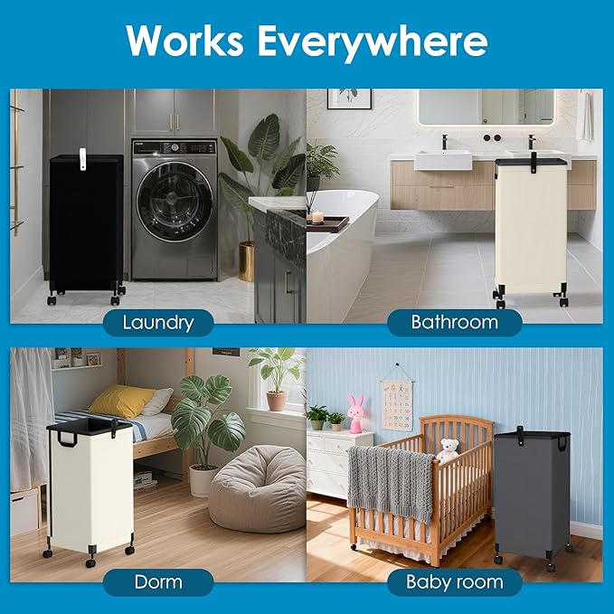 2Pcs Laundry Basket with Wheels 105L, Large Rolling Laundry Hamper with Removable Bag, Metal Frame Collapsible Dirty Clothes Bin, Cloth Organizer Hampers Pull Handle for Bathroom, Dorm, Bedroom Black
