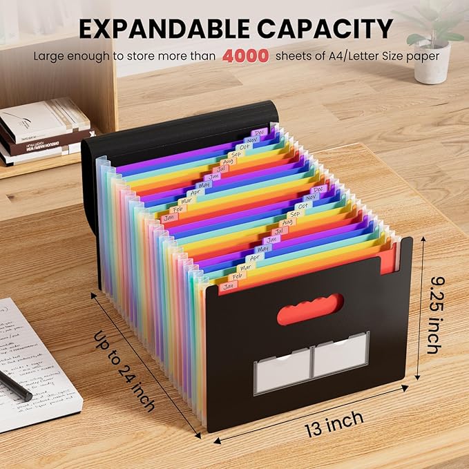 Sooez 24 Pockets Expanding File Folder with Blank Labels, According File Organizer with Expandable Cover, Desktop Accordion Folders Letter A4 Paper Document Storage Organizer, Purple