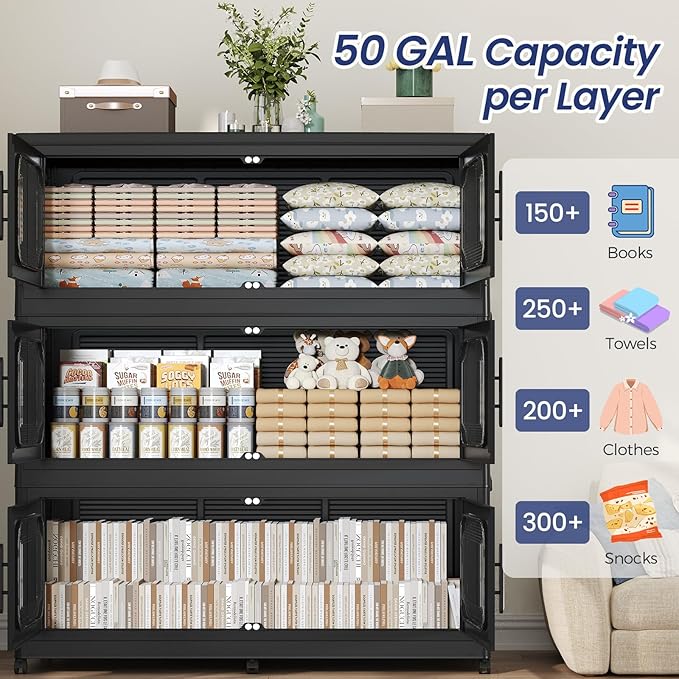 150GAL Extra Large Storage Bins with Lid, 600QT Storage Bins with Wheels, Folding Closet Organizer, Stackable Collapsible Plastic Storage Containers for Home, Office, Kitchen, 3Pack Black