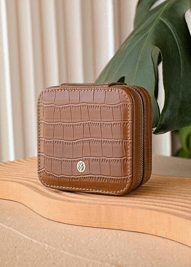 S.Leaf Travel Jewelry Organizer Boxes for Women Small Portable Necklace Earrings Bracelet Rings Travel Case Best Friend Birthday Gifts for Women Trendy (12_Pattern_Crocodile_Brown_01)