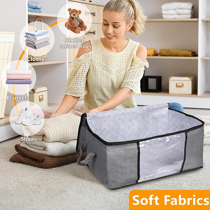 3 Pack Clothes Storage Bags with Zipper, 45L Foldable Blanket Storage Box with Clear Window Sturdy Handles for Closet, Dorm, Pillows, Bedding, Sheet, Comforter, Gray