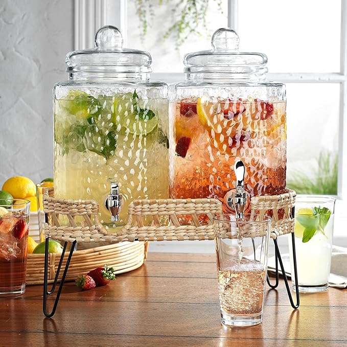 1.5 Gallon Hammered Glass Drink Dispenser for Parties 2 PACK Beverage Dispensers with Stand, Glass Water Jug Dispenser, with 100% Leak Proof Spigot, Great for Party, Wedding, Picnic, BBQ Wicker Design