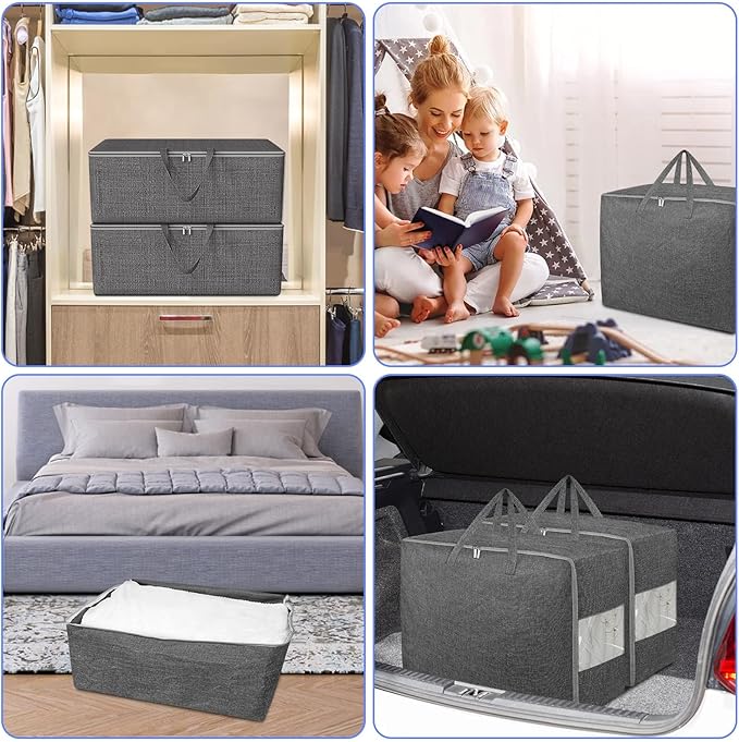 3Pack 105L Extra Large Storage Bags, Folding Comforter Blanket Storage Bags Closet Organizers and Storage Containers for Clothes with Strong Handles&Zippers Clear Window for Bedding Pillow Black