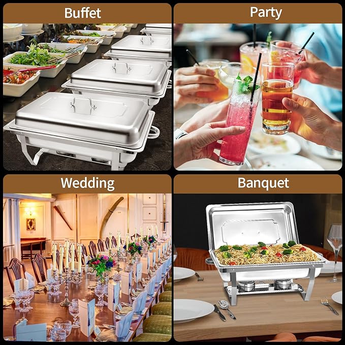 8 Qt 8 Pack Full Size Stainless Steel Chafing Dishes Buffet Set, Silver Rectangular Catering Chafer Warmer Set with Trays Pan Lid Folding Frame Stand for Kitchen Party Banquet Dining