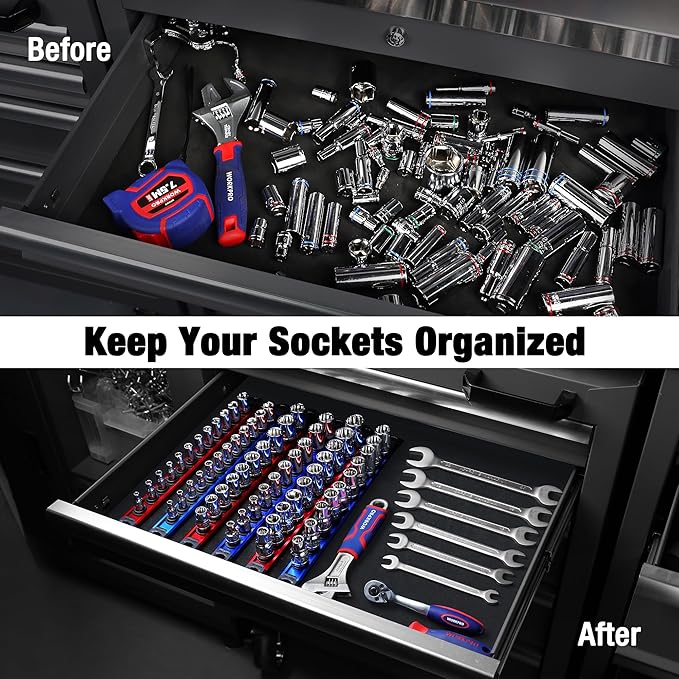 WORKPRO Magnetic Socket Organizer - 6-Piece Aluminum Alloy Socket Rail, Heavy Duty Socket Holder - Set: 1/4-Inch x 12 Clips, 3/8-Inch x 10 Clips, 1/2-Inch x 10 Clips