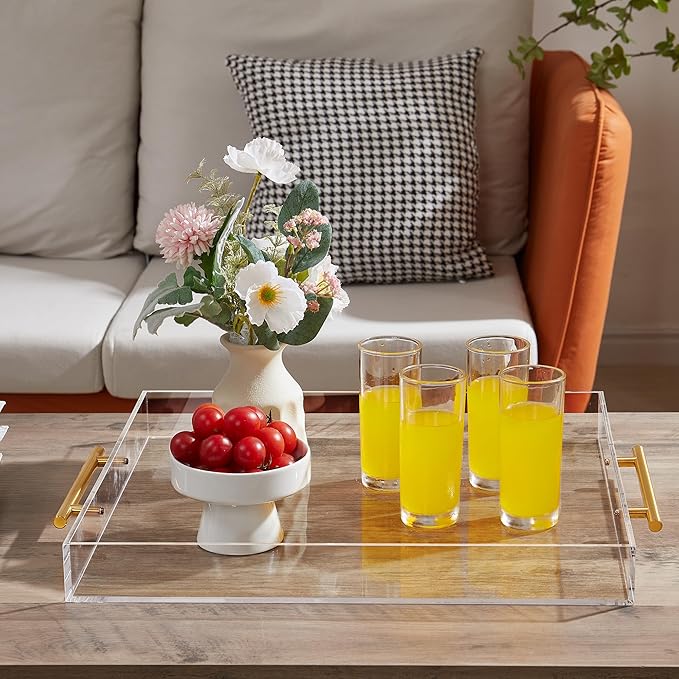 Large Clear Acrylic Serving Tray (14×18 Inches) with Gold Handles Spill Proof Acrylic Decorative Tray Organiser for Ottoman Coffee Table Countertop