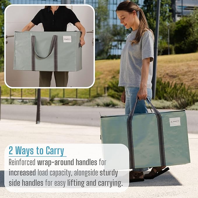 VENO 10 Pack Moving Bags and Large Christmas Storage Bins with lids. Alternative to Moving Boxes, Packing Supplies for College. Extra Large Heavy Duty Totes for Packaging (Shiny Light Green, 10 Pack)