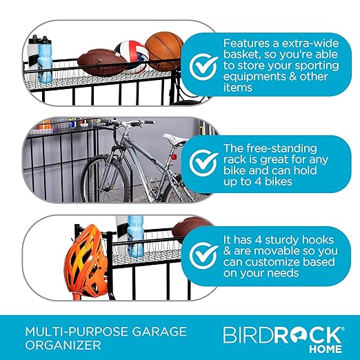 BIRDROCK HOME Bike Rack Garage Storage Floor Stand - Freestanding Organizer for Outdoor Yard - Upright Wall Mount for Scooters, Rakes, Motorcycles, Hoverboards, Gloves - Holds 4 Bicycle - Black