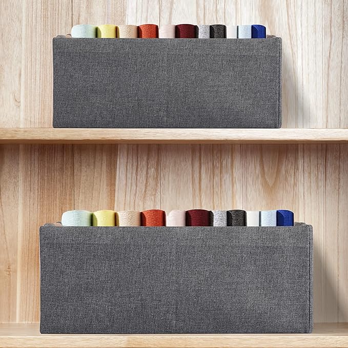 Fabric Storage Bin 3 Pack Foldable Cotton Linen Storage Basket with Wooden Handles Rectangular Cube Box - Gray, Medium