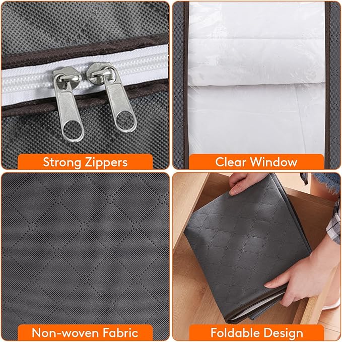 Lifewit 3 Pack Clothes Storage Bins with Lids, Foldable Blanket Storage Bags with Zippers, Clear Window and Reinforced Handles, Closet and Organization for Clothing, Sweater, Comforter, Bedding, Gray