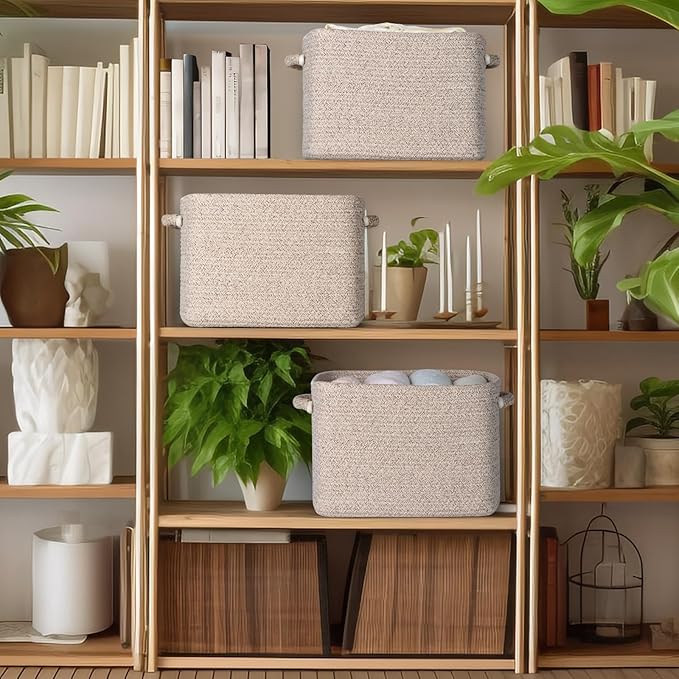 Kntiwiwo Storage Baskets for Organizing 14.7”x11”x9.6” Rope Storage Baskets for Shelves with Handles, Decorative Closet Baskets & Bins, Large Woven Baskets for Storage, Beige & Brown