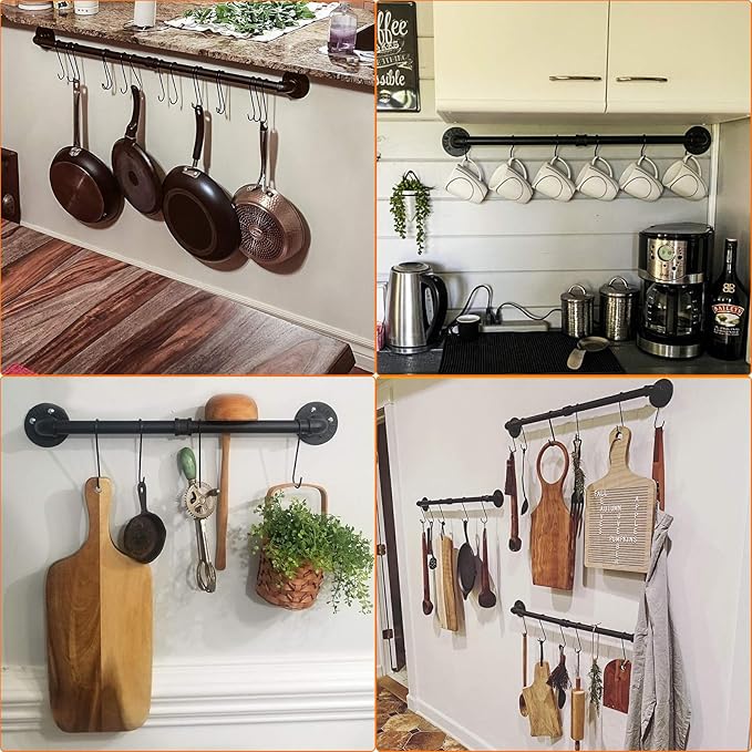 Toplife 31.5 inch Pot Rack, Kitchen Wall Mounted Detachable Pan Lid Utensils Organizer Hanging Rail with 14 Hooks, Black
