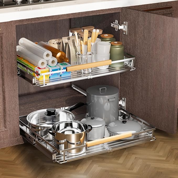 2 Pack Expandable Pull Out Cabinet Organizer，Side Mounting 11.8~18"x17.3"Cabinet Pull Out Shelves, Expandable Slide Out Spice Rack for Cabinet for Kitchen Bathroom Office