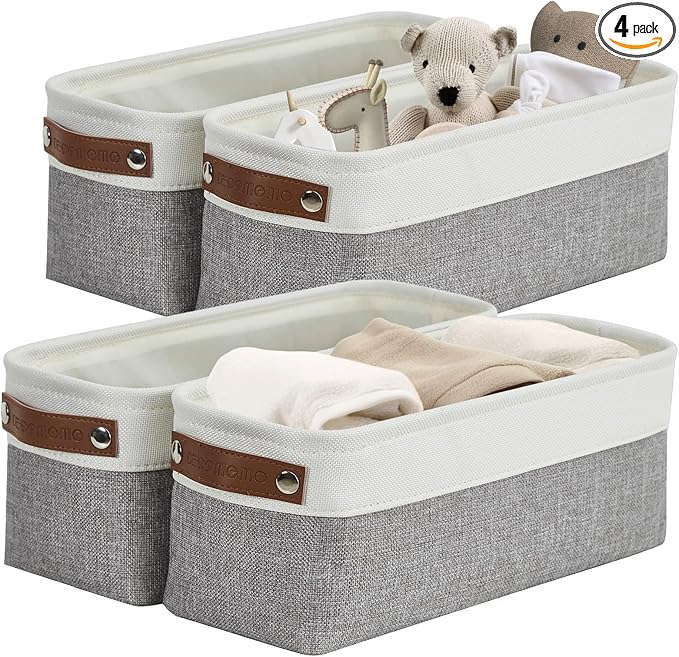 DECOMOMO Narrow Storage Bins Small Baskets for Organizing Bathroom, Toilet Tank, Towel Storage, Entryway, Gifts (Grey and White - Set of 4)