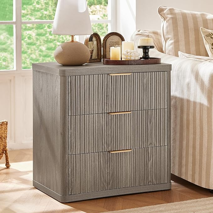 LEYAOYAO 23" Wide Fluted Farmhouse Night Stand Set of 2 with Charging Station, 3 Drawers Large End Table w/Metal Handle,Grey Nightstand Bedside Table,Wood Dresser for Bedroom, Closet