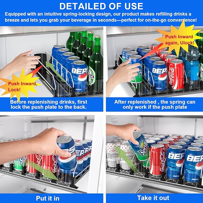Drink Organizer for Fridge, Upgrade Soda Can Dispenser for Refrigerator, Automatic Pusher Glide Fridge Drink Organizer, Can Organizer for Refrigerator - Holds up to 25 Cans (5 Rows Black)