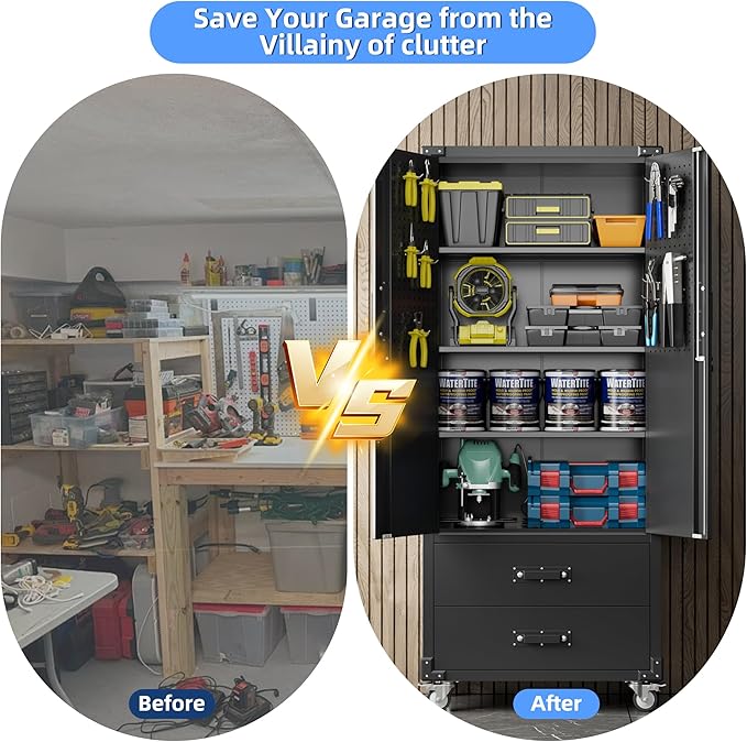 Upgraded Metal Garage Storage Cabinet with Wheels and 2 Drawers, Rolling Tool Cabinet with 3 Shelves and Pegboard Behind The Door for Home Office Garage,Assembly Required,Black