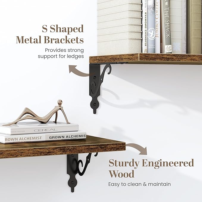 Fun Memories Large Floating Shelves for Wall 48 Inches Long, 8 Inch Deep Shelves with Metal Bracket, 48 Inch Floating Shelves Wall-Mounted, Wide Display & Storage Bookshelves, Rustic Brown, Set of 2
