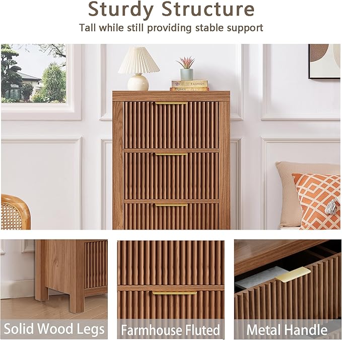 4-Drawer Modern Solid Wood Dresser with Fluted Front & Gold Handles, Multifunctional Tall Storage Chest, for Hallway, Entryway, Walnut Oak
