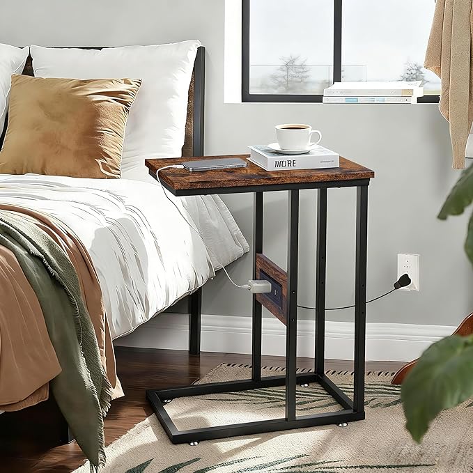 VECELO C Shaped End Side Table with Charging Station & Power Outlets for Couch Sofa/Bed, Snack TV Tray with Metal Frame for Living Room Bedroom 2 PCS, Brown