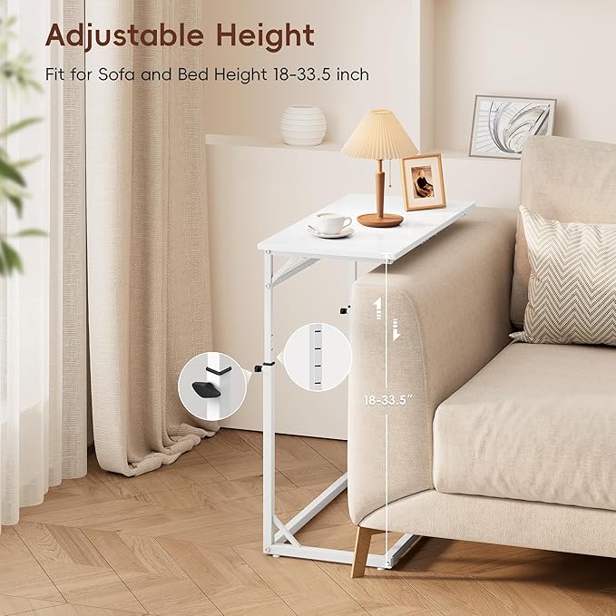 Vagusicc C Shaped End Table, Tall Side Table for Couch, C-Table End Table Adjustable Height Side Table, Large Surface Sofa Table TV Tray, Slide Under Couch Table for Sofa, Living Room, Bedroom, White