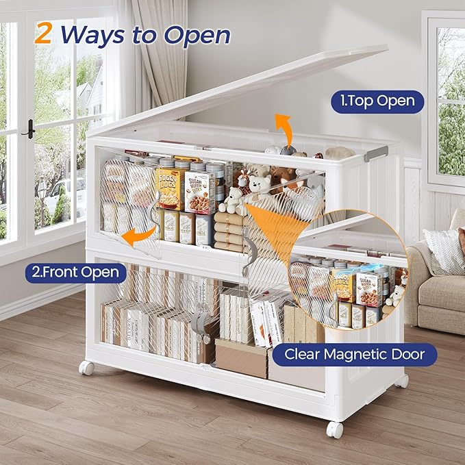 720QT Extra Large Stackable Storage Bins with Lid & Wheels & Doors, 180Gal Foldable Collapsible Closet Organizers, Plastic Cabinet Box Container Drawer for Home Kitchen Bedroom, 6Pack White