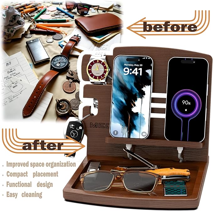 MED Wood Phone Docking Station – Nightstand Desk Organizer for Phone, Watch, Wallet & Tablet – Gift for Men, Husband, Dad & Women – Wooden Charging Stand (Black, Model 1)