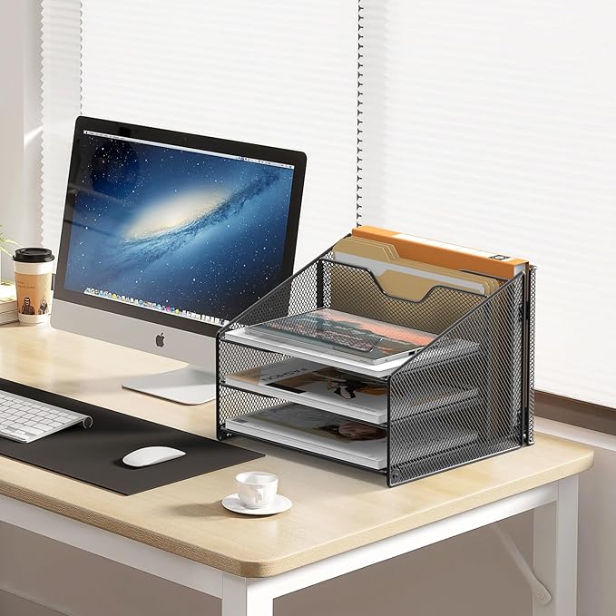 Samstar Desk File Organizer, Mesh Letter File Folder Holder with 3 Paper Trays and 2 Vertical Upright Section, for Office Supplies,Desk Accessories & Workspace,Black.