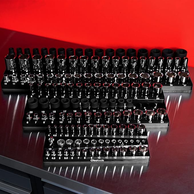 Olsa Tools Magnetic Socket Organizer (1/2-Inch Drive, 3 Row) - Magnetic Tool Organizer & Socket Holder - Tool Box Socket Organizers - Metric Black - Holds 54 Sockets - Professional Grade - Part: 1552
