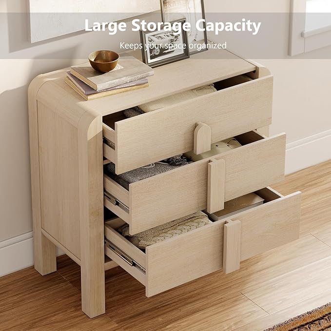 WAMPAT 3 Drawer Dresser for Bedroom,31.5" Wide Mid Century Modern Wide Chest of Drawer, Wood Tall Nightstand with Curved Edge Handles, Closet Dresser TV Stand for Bedroom, Beige