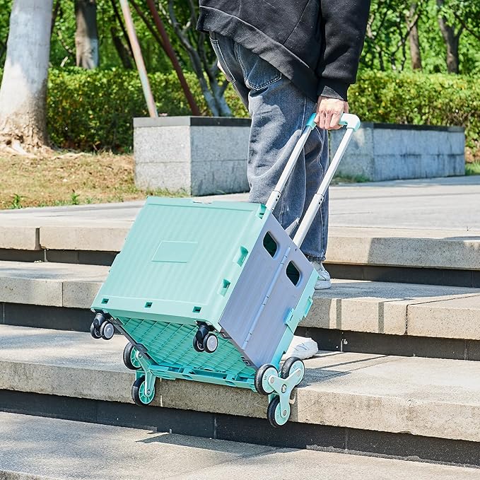 Utility Cart Foldable Shopping Cart Book Storage Cart, with Stair Climbing Wheels and Telescopic Handle, Ideal for Outdoor Home Use and Teacher/Student Book Storage. (Green, Small)