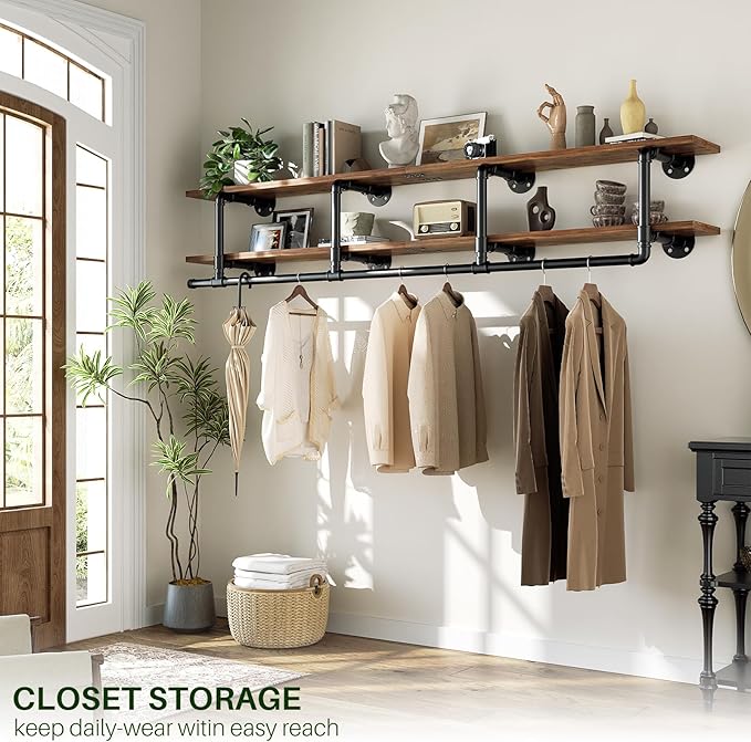 Aheaplus Industrial Pipe Clothes Rack with Top Shelf, 73In Space-Saving Wall Mounted Clothing Rack, 2 Tiers Heavy Duty Pipe Clothing Shelves with Hanging Rod for Laundry Room, Closet, Rustic Brown