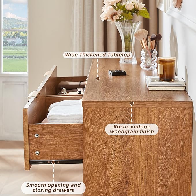 LEYAOYAO Fluted 6 Drawers Dresser, 48" Wide Modern Chest of Drawers with Woodgrain Top, Curved Profile Design, Dresser TV Stand, Wood Drawer Organizer for Bedroom, Living Room, Hallway,Brown