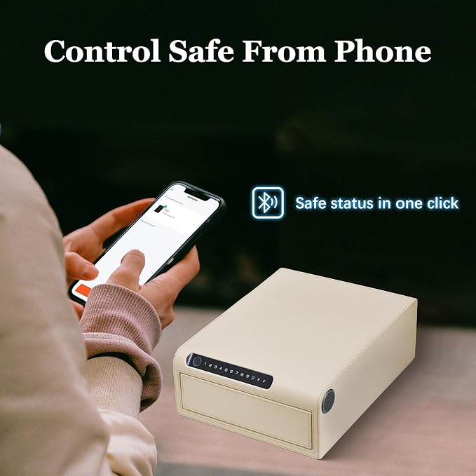 Jewelry Safe with Drawers，Biometric Fingerprint safe, Slide-Away Handgun Safe for Pistols, Leather Wrapped Jewelry Storage Safe, Digital Keypad & Quick-Access Drawer (White- 1 Drawer)