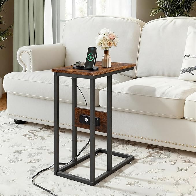 VECELO C Shaped End Side Table with Charging Station & Power Outlets for Couch Sofa/Bed, Snack TV Tray with Metal Frame for Living Room Bedroom 2 PCS, Brown