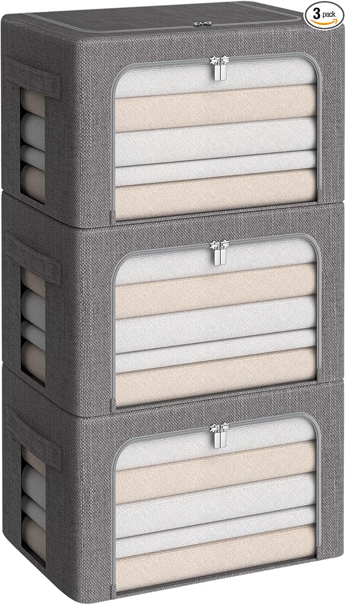 CYhom 3Pack Foldable Storage Bins - Frame Storage Box Linen Fabric Stackable Clothes Container Organizer with Clear Window & Carry Handles Large Capacity (Medium-36L, Dark Gray)