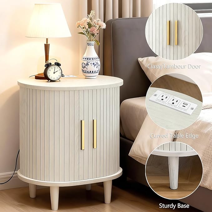 Nightstands Set of 2 & Charging Station, Fluted Accent Side Table with Sliding Door & Adjustable Shelf, Mid-Century Modern End Table for Small Space, Living Room, Bedroom(2, White)