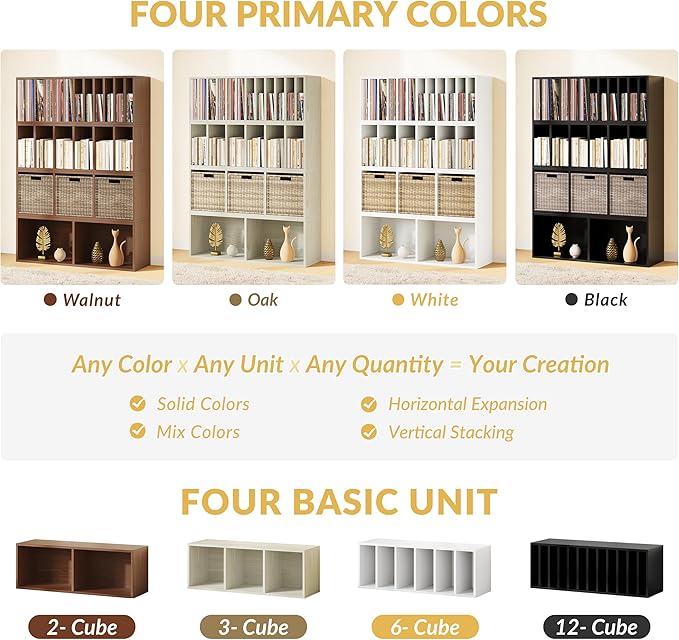 IOTXY DIY Modular Cube Bookcase - CubeXY Customizable Stackable Expandable Basic Shelving Units, 12-Cube Wooden Open Bookshelf with Removable Shelves for Vinyl Record Storage Organizer, White