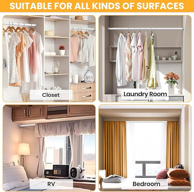 2 Pack Closet Rods for Hanging Clothes, 17-39 Inch No-Cut Stepless Adjustable Closet Rod, 1.3 Inch Heavy Duty Metal Closet Hanging Rod with Brackets, White Closet Bar for Closet, Laundry Room, RV