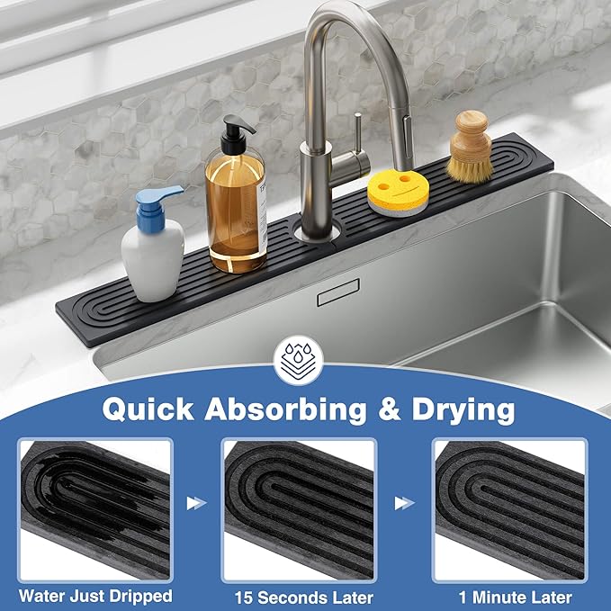 DK177 Faucet Mat for Kitchen Sink - Water Absorbing Stone Tray for Sink, Diatomite Fast-Drying Faucet Mat, Faucet Splash Guard for Bathroom Counter (Dark Gray, 15.8" x 4")