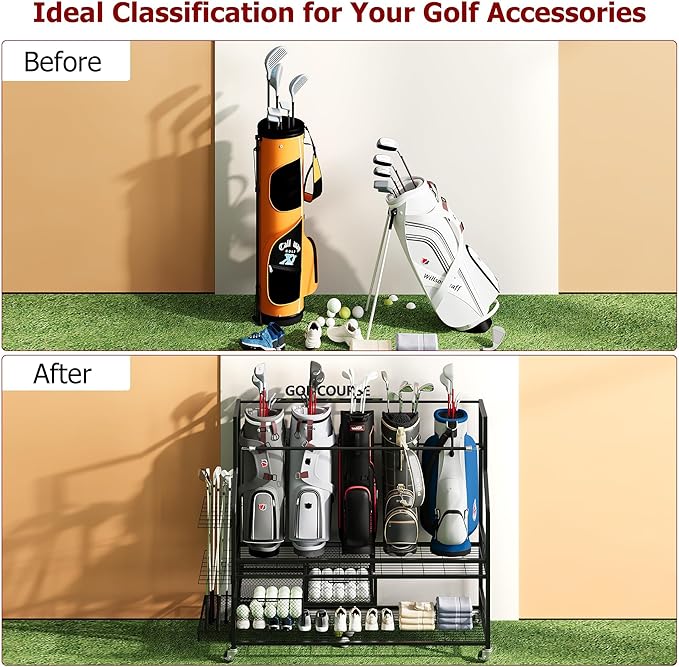 Garvee 4-5 Bags Stand Golf Organizer Rack with Wheels-Large Golf Bag Storage Organizer for Garage,Golfs Club and Home