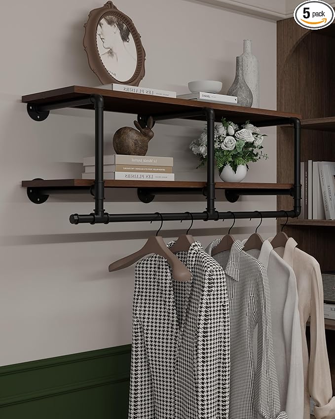Wall Mounted Clothes Rack 12 Inch Deep, 42 Inch Heavy Duty Garment Rack with Real Walnut Wood Shelf, Multi-Purpose Hanging Rod & Space-Saving Closet Storage Organizer