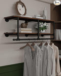 Wall Mounted Clothes Rack 12 Inch Deep, 42 Inch Heavy Duty Garment Rack with Real Walnut Wood Shelf, Multi-Purpose Hanging Rod & Space-Saving Closet Storage Organizer
