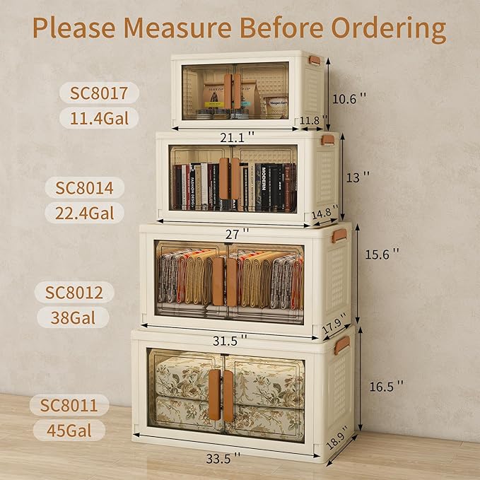 Plastic Stackable Storage Bins with Lids and Wheels, Foldable Closet Organizers and Storage Containers, Collapsible Clear Drawer Storage Cabinet with Doors Ivory White 720 QT