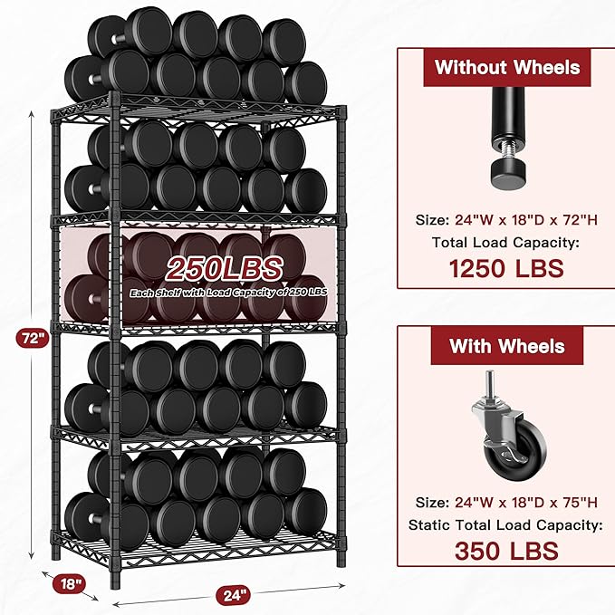 PrimeZone Wire Shelving Unit with Wheels, 5 Tier Adjustable NSF Certified Heavy Duty Metal Storage Shelves, Pantry Organizer Rack Rolling Kitchen Shelf for Closet, 24" W x 18" D x 75" H, Black, 4 PCS