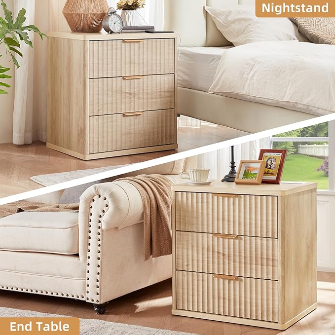 LEYAOYAO Fluted Nightstand with Charging Station, 23" Modern Night Stand with Woodgrain Top, 3 Drawers End Table w/Storage, Bedside Tables for Bedroom, Living Room, Curved Profile Design,Wood