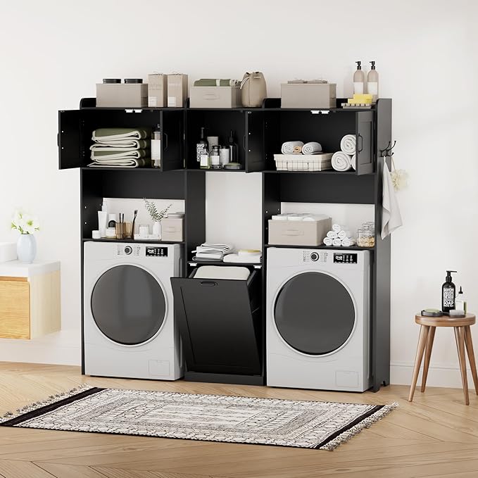 Over The Washer and Dryer Storage Cabinet, Laundry Room Organizer Standing Shelf with Tilt-Out Laundry Hamper Cabinet and Hooks, Space Saving Laundry Room Cabinets