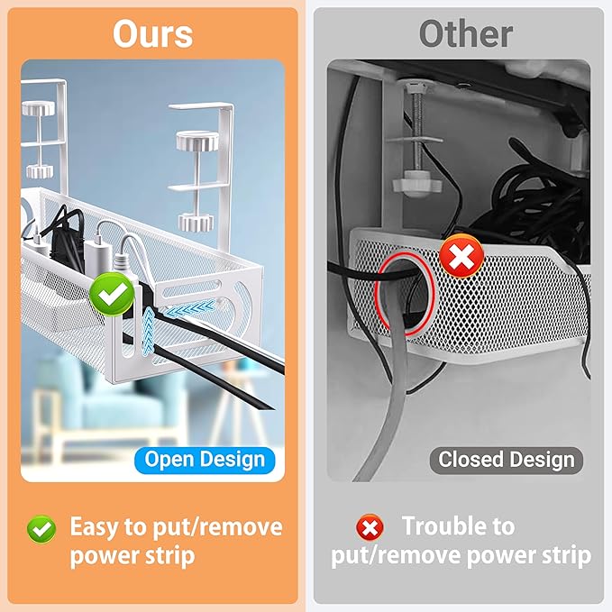 No Drill Under Desk Cable Management Tray, SONATURE 25.3" Cord Organizer for Table, Clamp Mount Desk Cable Management, Premium Carbon Steel Cable Organizer for Office, Home (White)