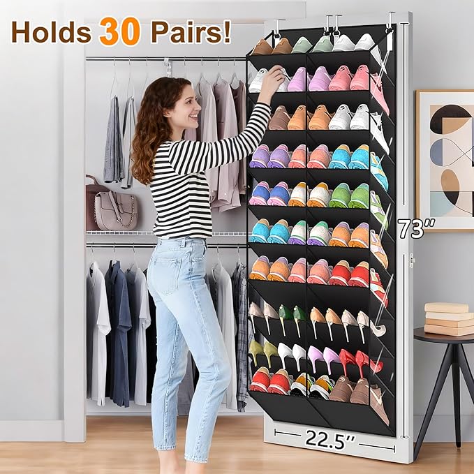 30 Pairs Over the Door Shoe Organizer, Clear Pockets Hanging Shoe Storage for Closet, 10-Tier Door Shoes Rack Storage, Handing Shoes Holder Fit All the Family's Sneakers, Boots, Heels, Black