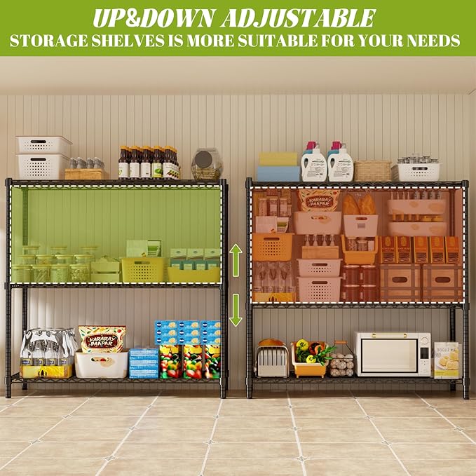 Storage Shelves, 4 PCS 48" L x 20" W x 47" H Heavy Duty Garage Wire Shelving Unit Loads 1200LBS, 3-Tier Adjustable Metal Industrial Utility Shelf Rack for Kitchen, Laundry Room, Basement